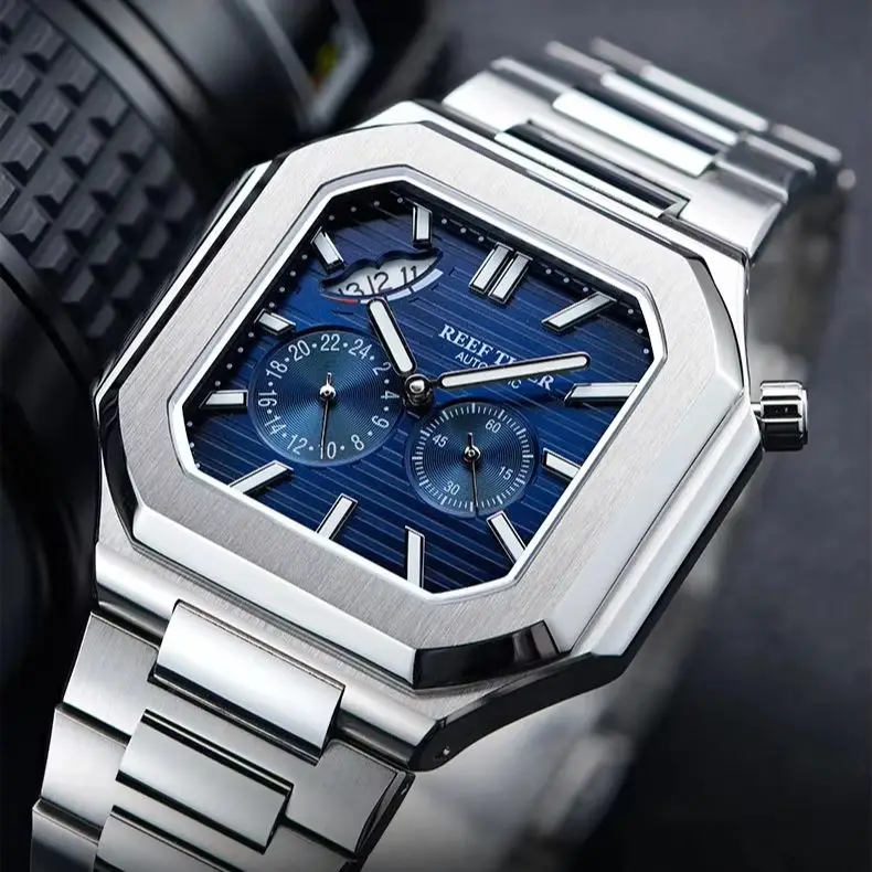 Reef Tiger Men Automatic Watch 44mm Square Mechanical Wristwatch Luminous 24 Hours,Small Second Dial Power Reserve Display