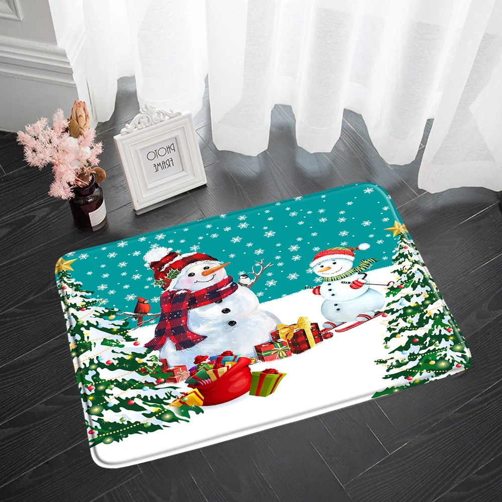 Christmas Kitchen Bath Mat Funny Snowman Red Xmas Ball Snow Gift New Year Home Room Decor Non-slip Soft Rugs Doormat Carpet Blue