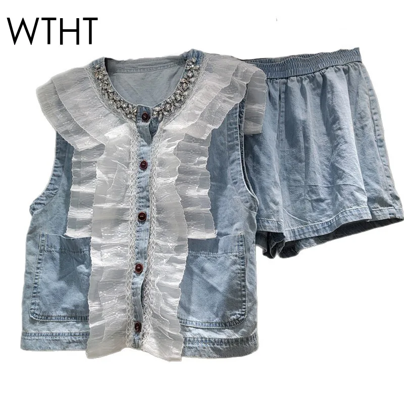 

WTHT Fashion Women's Spliced Gauze Diamonds V-neck Denim Vest Elastic Waist Loose Wide Leg Shorts Set Female 2026 Spring 1LS2987