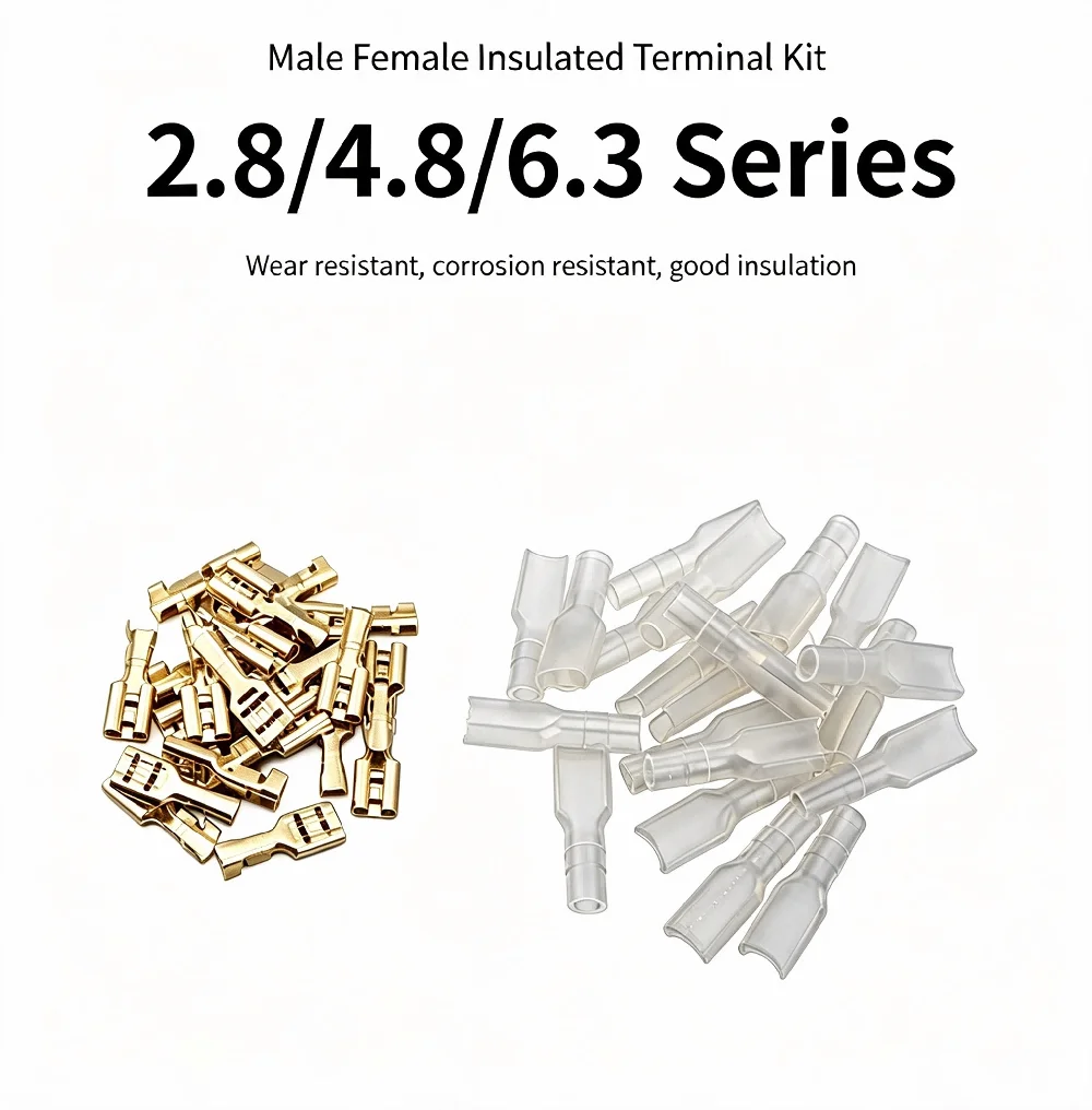 100 Sets 2.8/4.8/6.3mm Male Female Spade Crimp Terminals Kit Insulating Sheath Electrical Wire Connector for Auto Motorcycle