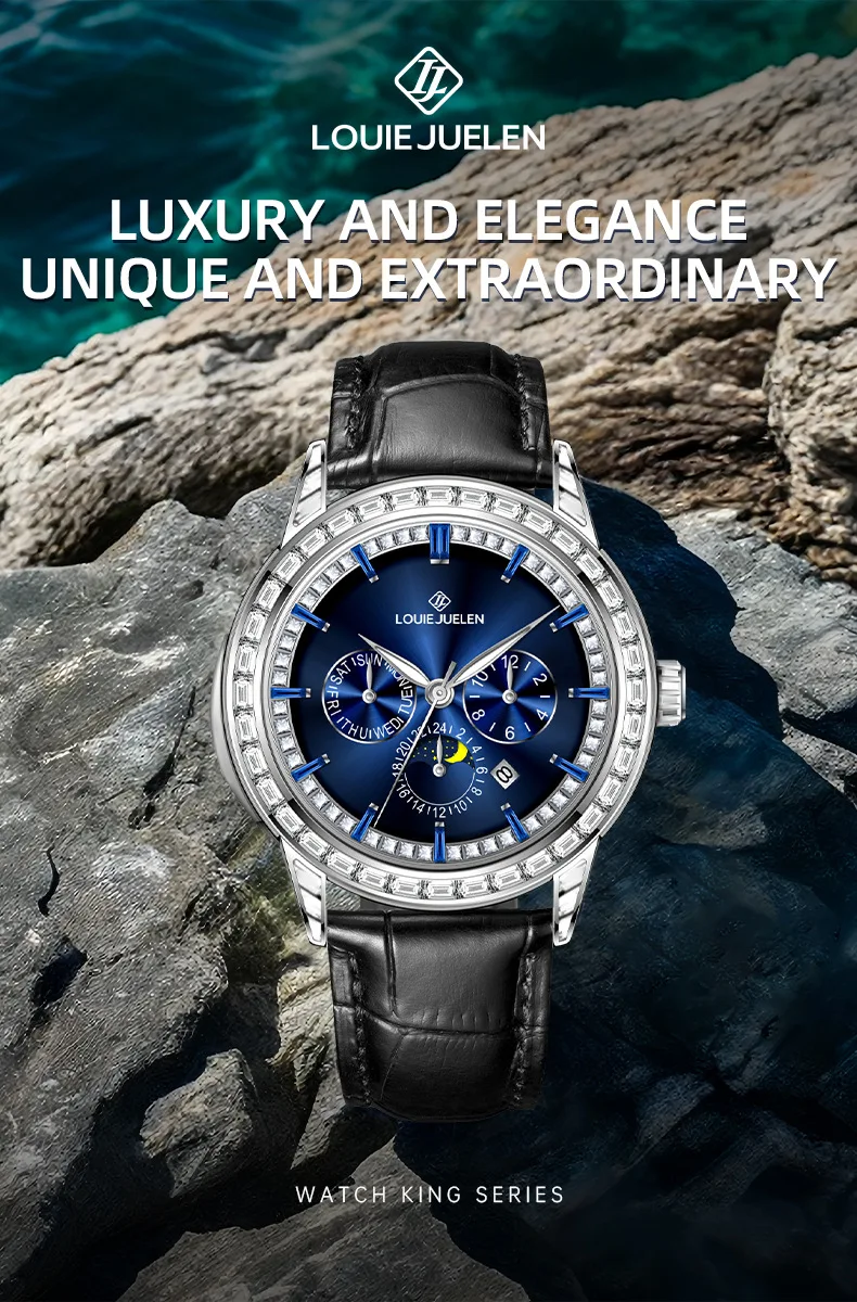 Stainless alloy Full Diamond Six-Hands Moonphase Luminous Waterproof Genuine Leather Automatic Exquisite watch for Men