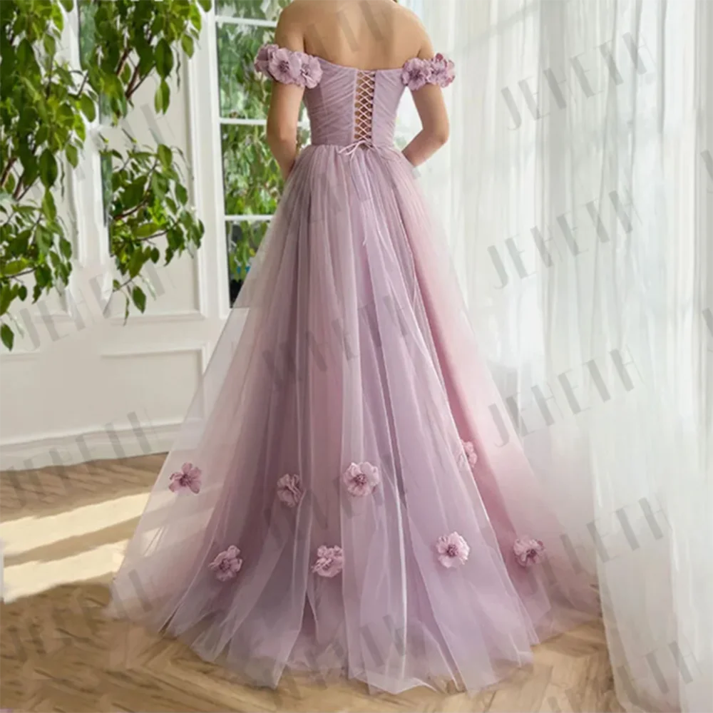 Light Purple Prom Dresses Flowers Off Shoulder Side Split Tulle Floor Length A-Line Dreamy فساتين سهرات Pretty Vestidos De Festa
