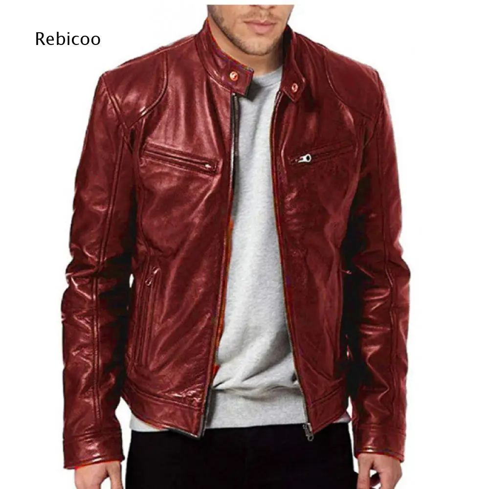 Stand Collar Faux Leather Jacket For Men Multi Zip Pocket Design Suitable For Cool Weather Daily And Night Casual Activities