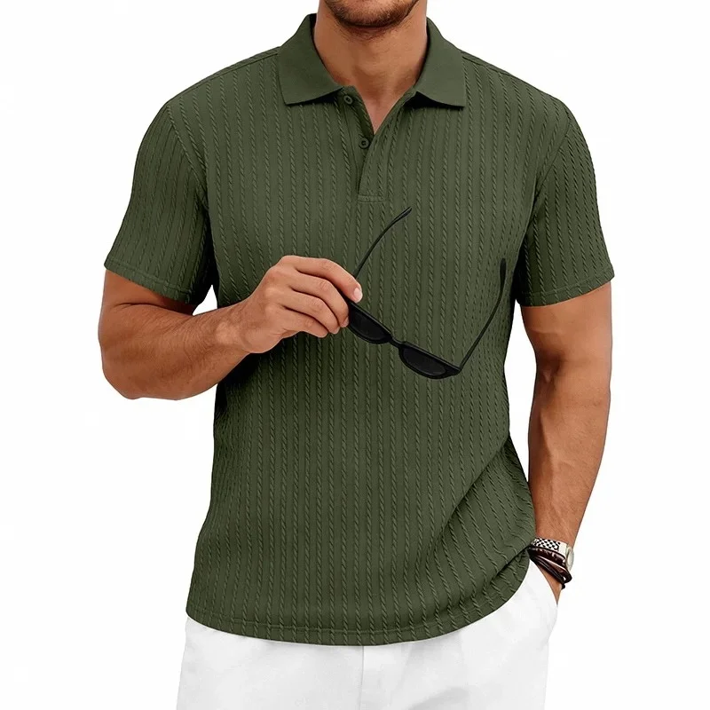 2026 Summer Men Pure Color Sports Casual Textured Knit Short Sleeve Polo Shirt Men Fashion Slim Breathability Short Sleeve Top