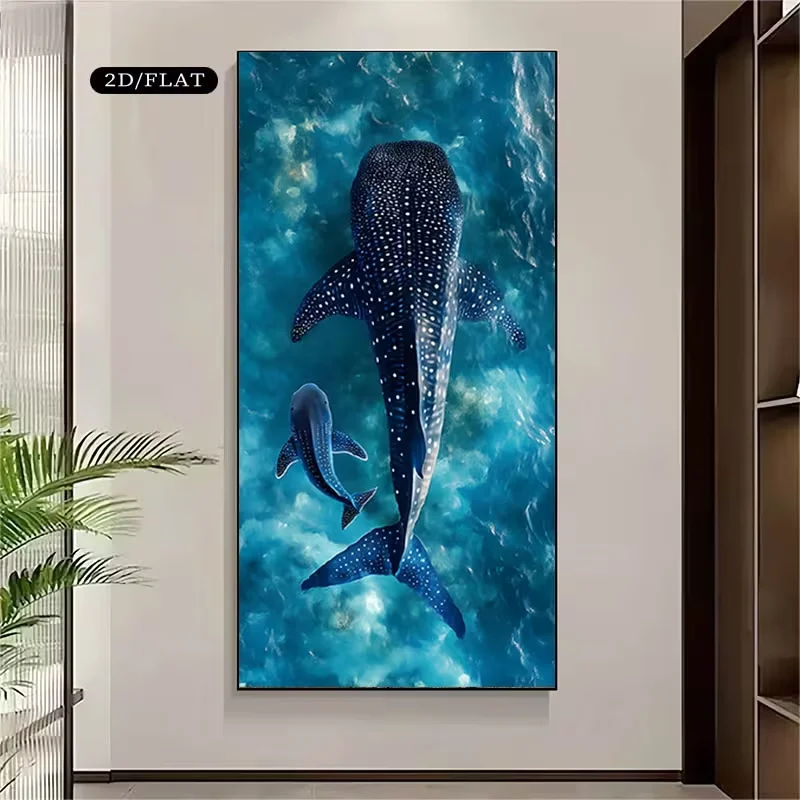 2D Flat, One 2D/FLAT Unframed Canvas Print Depicting a Large and Small Whale Shark Swimming Leisurely in the Ocean, Large Size 2