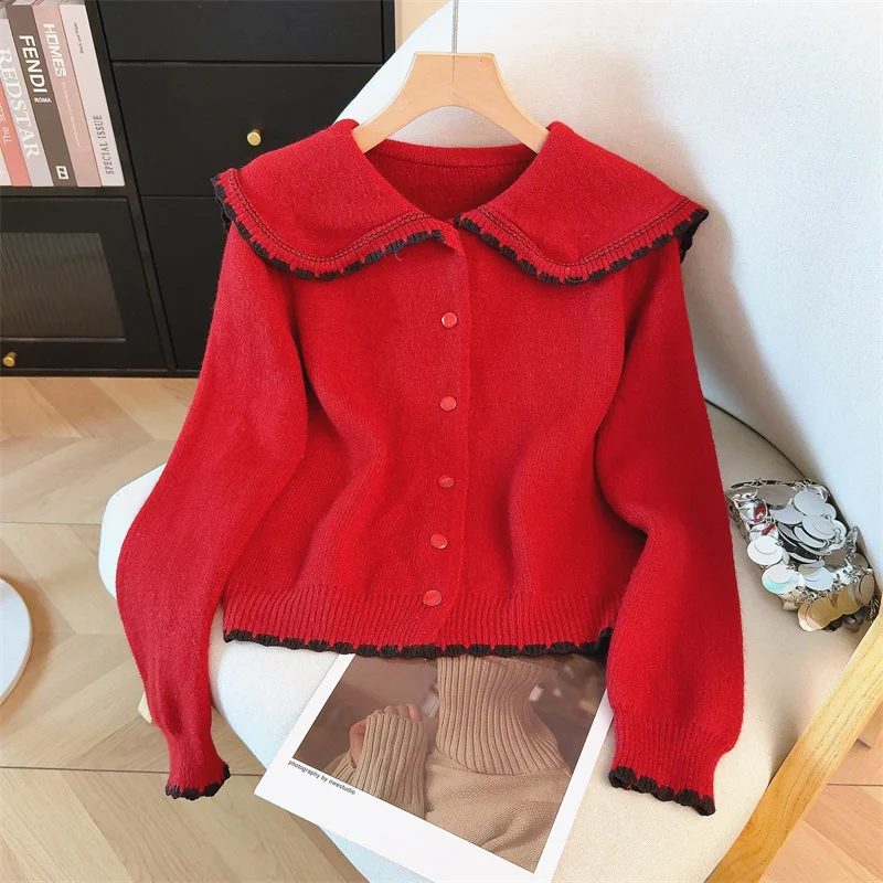 

Sweetheart Collar Color-Block Knit Cardigan - 2026 New French Chic Loose Fit Sweater Coat, Elegant Cropped Women's Top