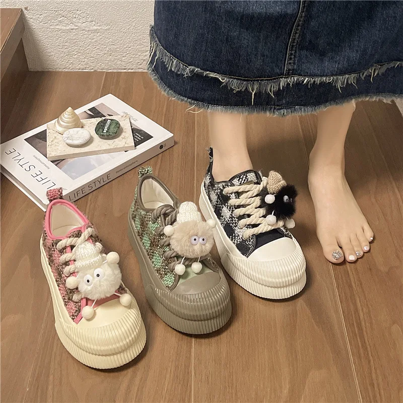 

2025 Spring Autumn Student Thick-Soled Non-Slip Canvas Shoes Big Toe Cute Coal Ball Milk Casual Sneakers