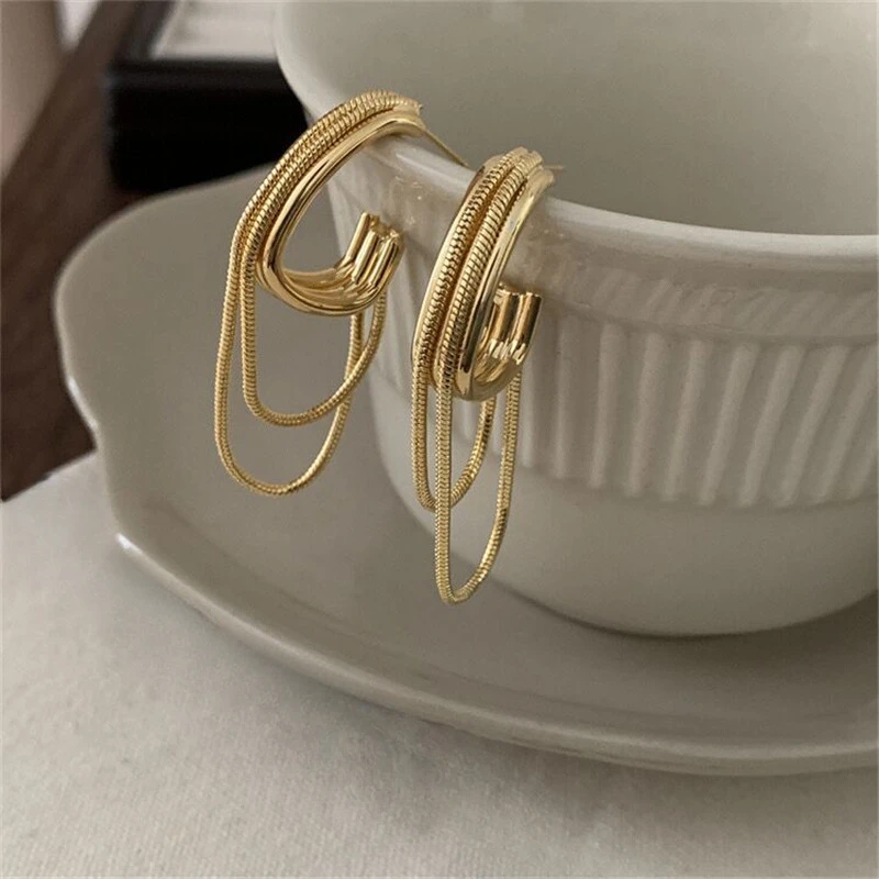 

Korean Version of The Trend of Geometric Long Chain Tassel Gold Color Earrings Women Fashion Elegant Dinner Jewelry Accessories