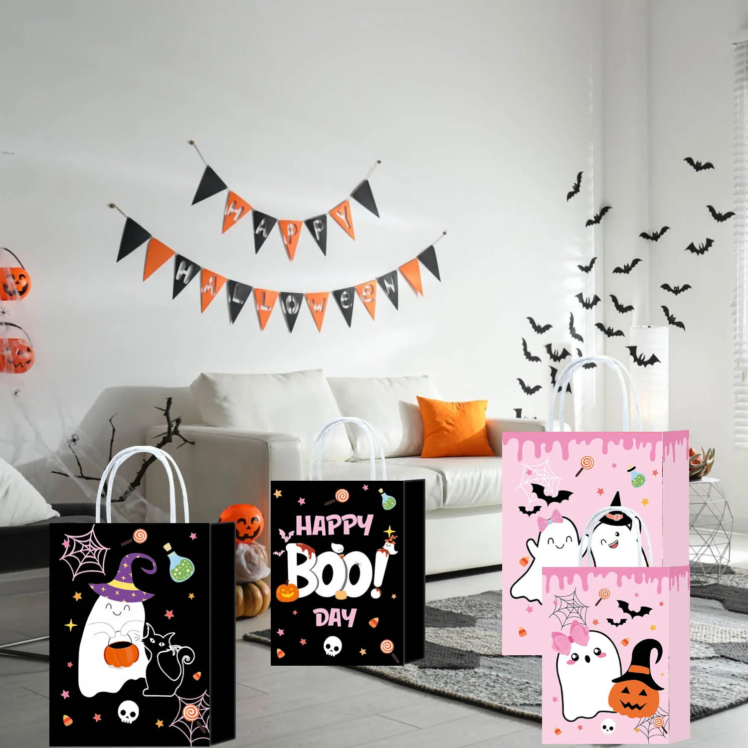 6/12/24/48 Stück Halloween-Themen-Party Kraftpapiertüten, niedliche rosa Geister-Süßigkeiten-Geschenktüten, Partyzubehör für Feiertage, Babypartys und Geburtstage – Detail 2