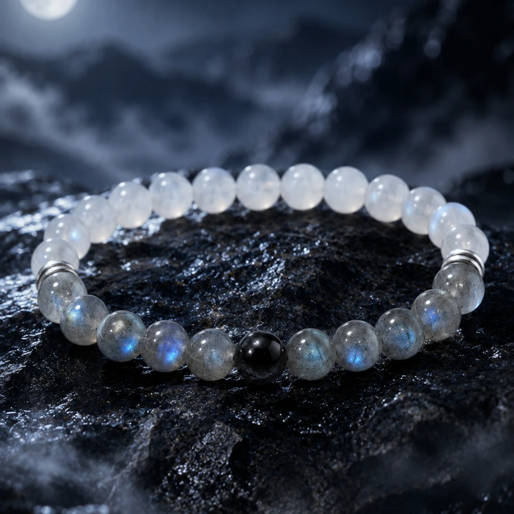 

Natural Silver Obsidian Labradorite Bracelet for Men and Women, Gray Stone Beaded Jewelry Gift