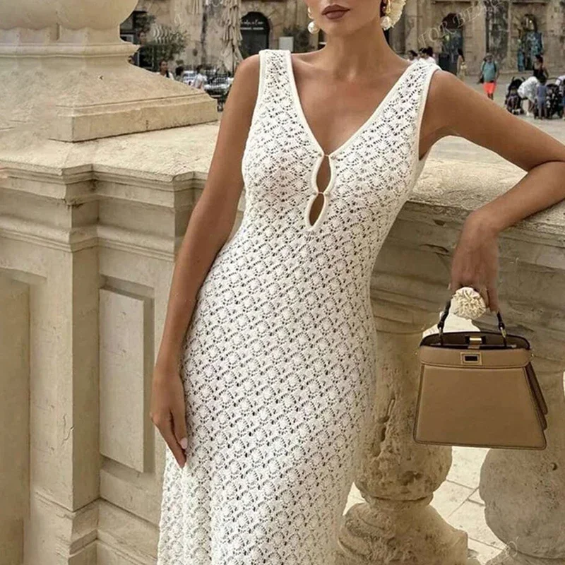 Einfarbig Hohl Gestrickte Strand Urlaub Kleid Elegante Ärmellose Dünne Cover-up Kleid Frauen Sexy Perspektive Bademode Kleid