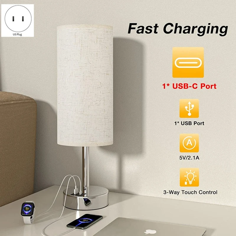 Lámpara de mesita de noche con Control táctil, lámpara de escritura con USB-C, puerto de carga USB, pantalla para estudio