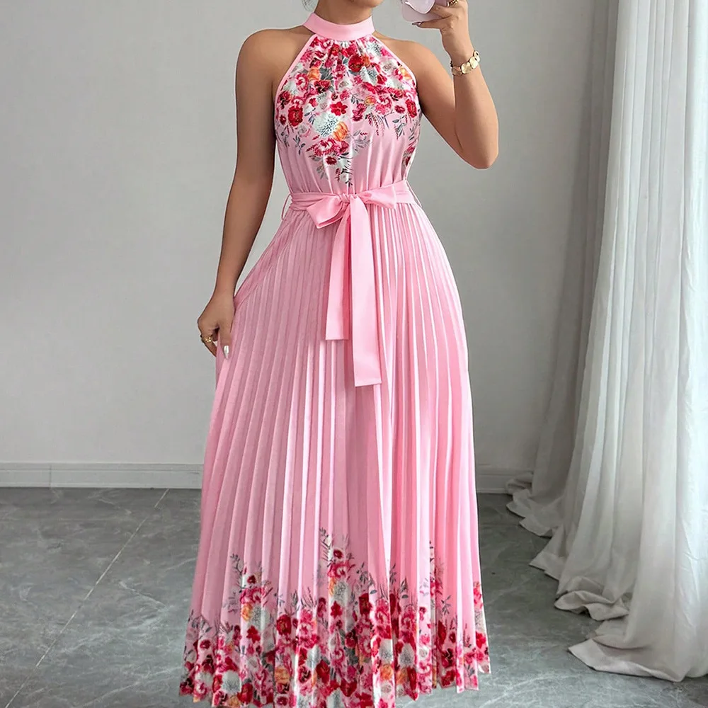 

New Spring Floral Print Pleated Long Dresses Women Casual Fashion Sleeveless Retro Dress Elegant Waist Tie Dress Bohemian Dress