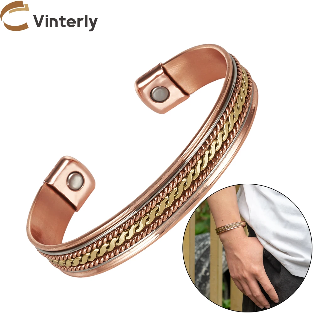 Vinterly Pure Copper Magnetic Bracelets Adjustable Cuff Twisted Bangles 12mm Wide Health Energy High Magnet Jewelry Men Women