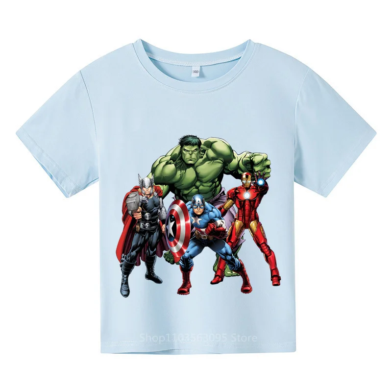 2024 Summer New Avengers Cartoon Print T-shirt Boys Girls Cotton Casual Stylish Kids Short Sleeve Top Fashion Apparel