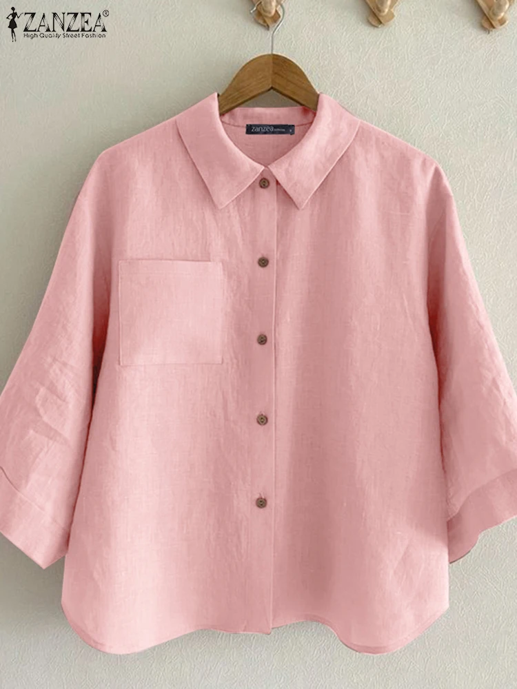 Vintage Lapel Neck 3/4 Sleeve Office Shirts ZANZEA Summer Cotton Blouses Women Casual Solid Work OL Tunic Tops Buttons Chemise