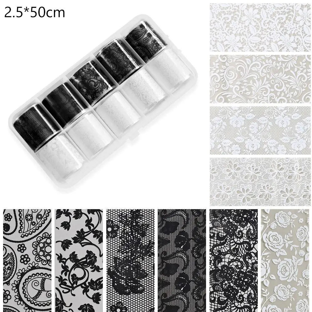 Sexy schwarz-weiße Spitzen-Nagelkunst-Transferaufkleber, 10 Rollen floraler, wasserfester Nagelfolie zum vollständigen Umwickeln, einfach anzuwendende selbstklebende Maniküre – Detail 1