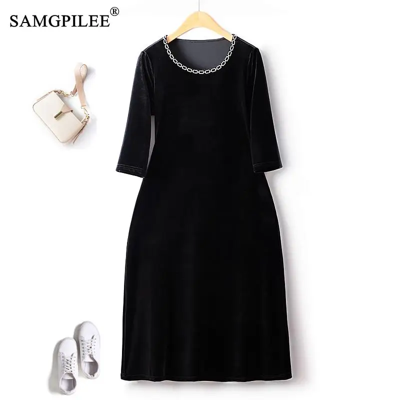 

European Station Elegant Women's Dresses 2023 Autumn Thin Metal Chain Drape Gold Velvet O Neck A Line Long Female Dress 4XL