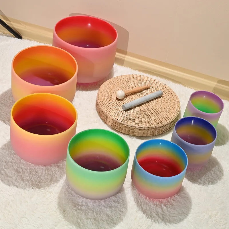 Rainbow Color Crystal Singing Bowl 7 Piece Set Meditation Yoga Sound Bowl Outdoor Sound Healing Singing Bowls with Storage Bag