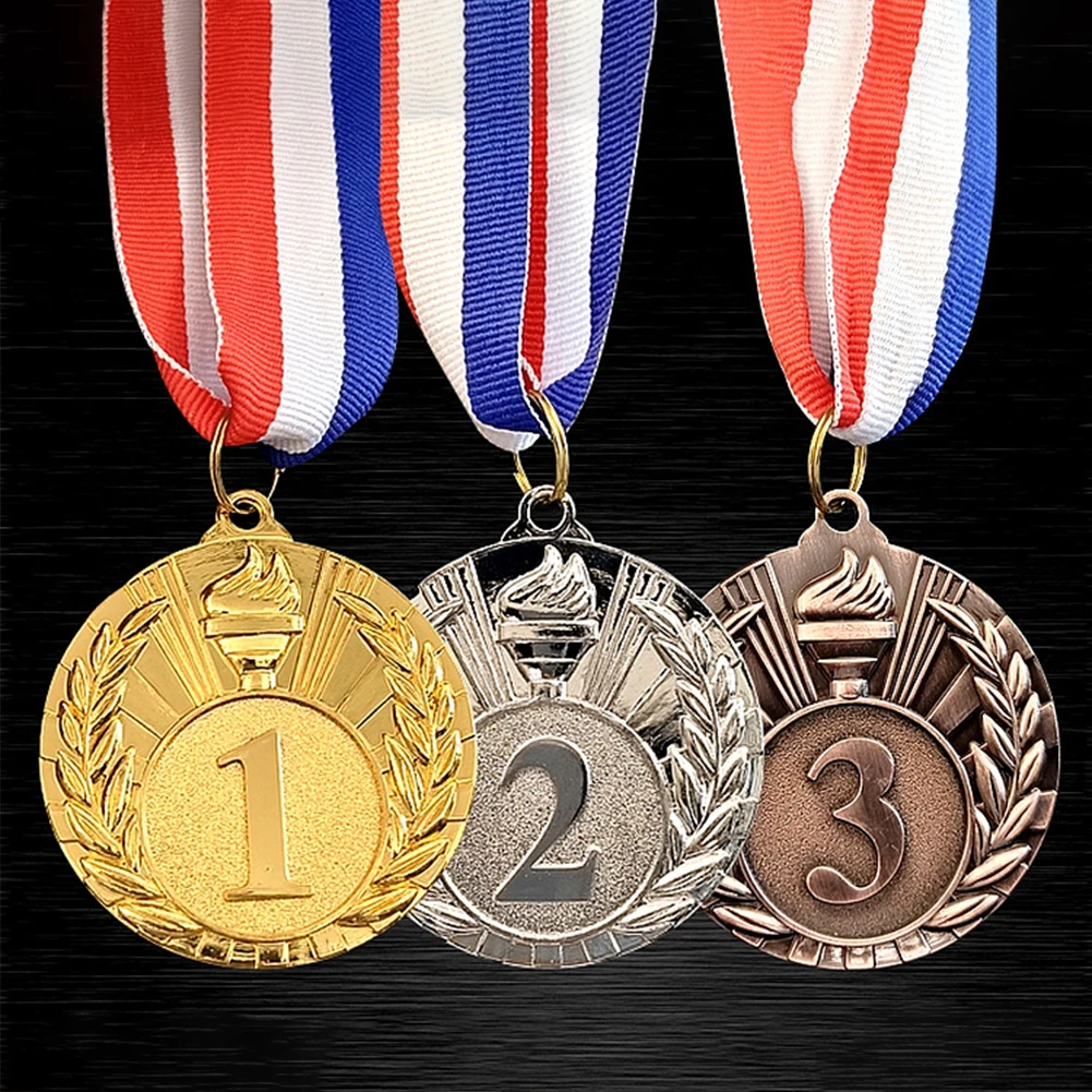 

5cm Gold/Silver/Bronze Medal Award Medals with Neck Ribbon Sports Rewards Metal Winner Medals for Marathon Ball Games