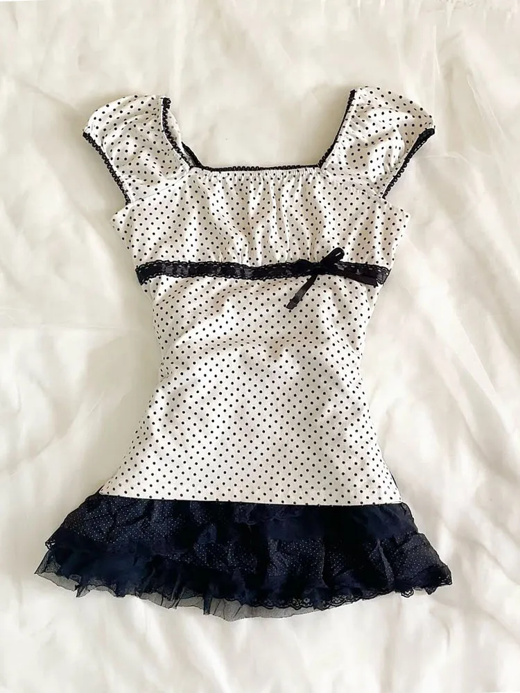 

Unique Original Retro Polka Dot White Slim Fit Summer Top Cotton Blend Commute Sle Regular Thin Single Piece