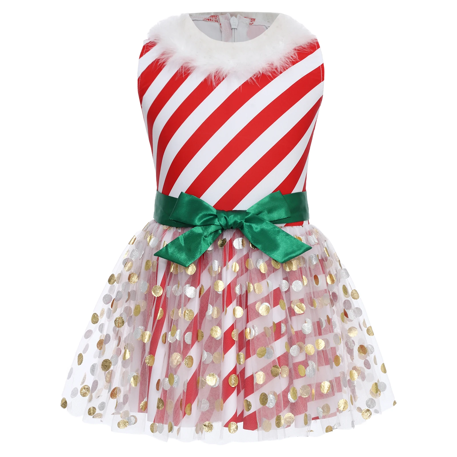 

Kids Girl Christmas Elf Cosplay Costume Fuzzy Crew Neck Sleeveless Metallic Dot Tulle Striped Dress Xmas Princess Ballet Dresses