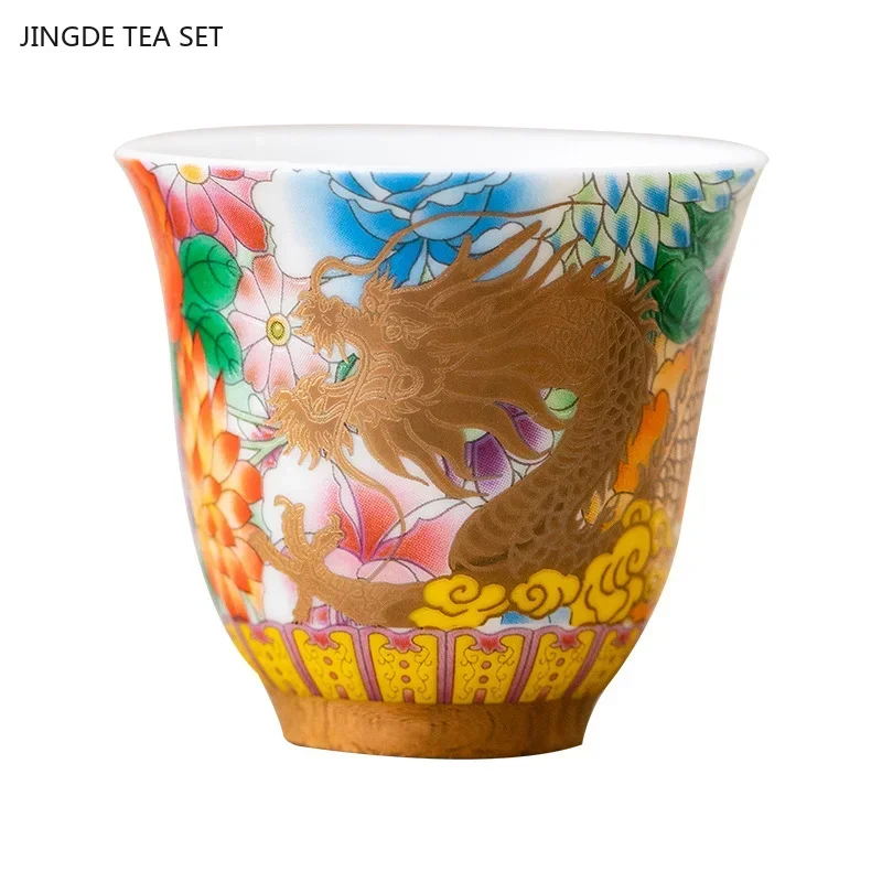 1PCS 50ml Ceramic Teacup Palace Dragon Phoenix Gilded Ceramic Teacup Portable Personal Single Cup Traditional Tea Set