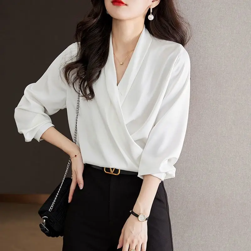 Women High Quality Satin Elegant White Blouse Spring Autumn Fashion Simple Commuter Shirts V Neck Long Sleeve Loose Tops Blusas