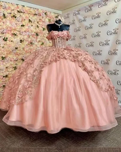 Robes de Quinceanera pour filles mexicaines roses blush, appliques florales 3D, paillettes scintillantes, corset à lacets, robe éducative, Off initiated, 15 ans