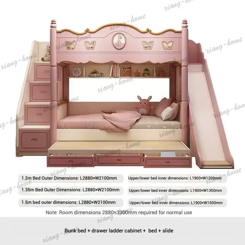 Cute Children's Wood Princess Bucking Two-Layer High Guardrail Slide Elevated Bed For Girls Living Room Modern Design