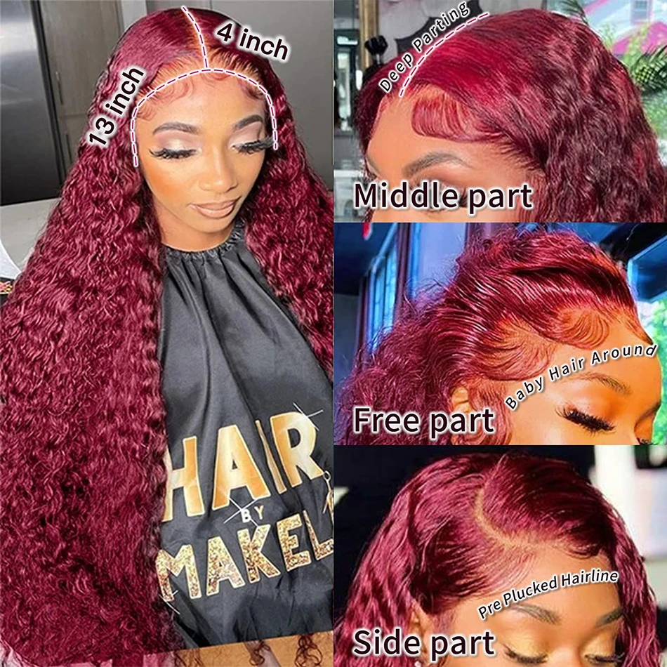 Peluca de cabello humano rizado con malla Frontal, color rojo vino 99J, Borgoña 13x6, Hd, 5x5