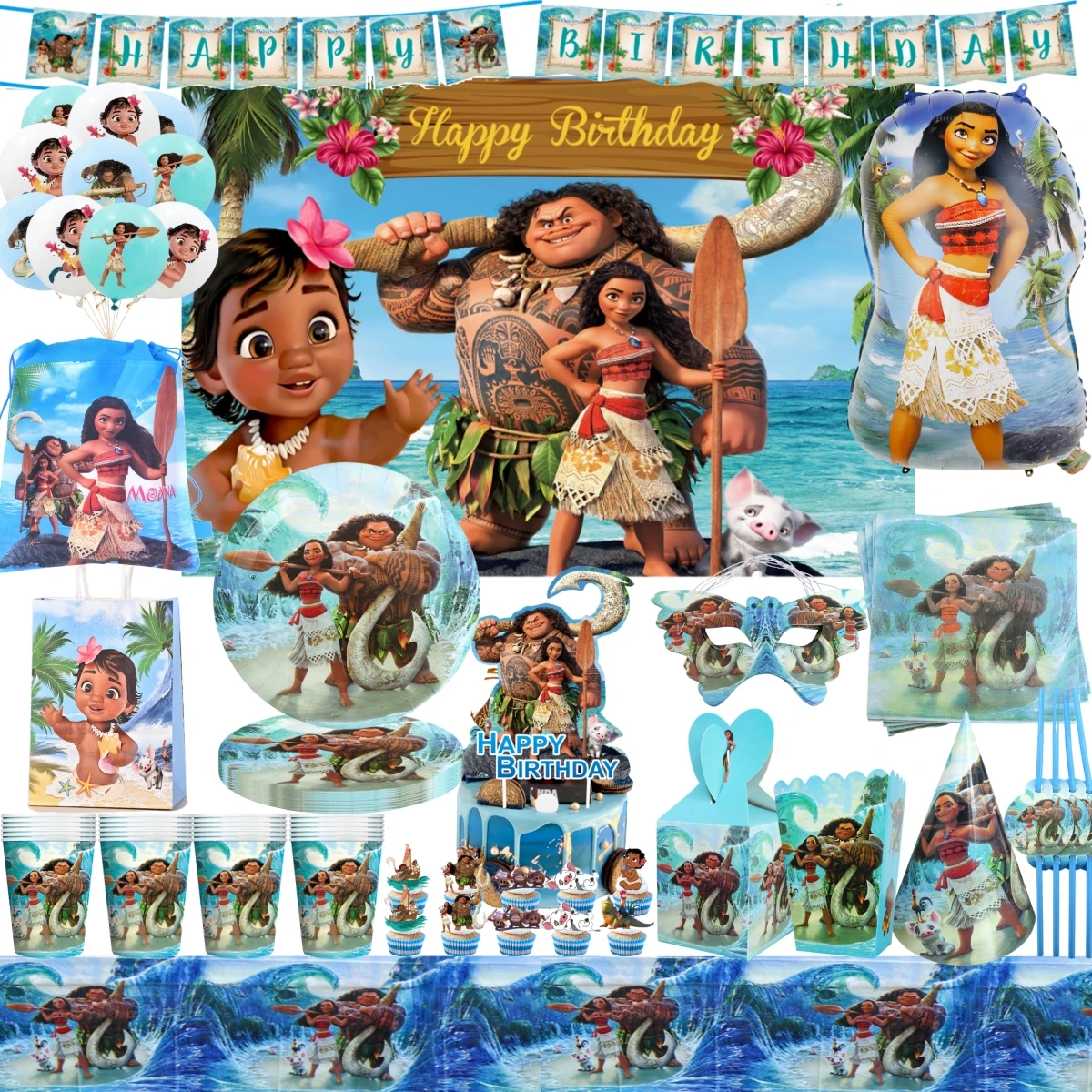 

Disney Moana Birthday Party Decoration Disposable Tableware Cups Plates Balloon Baby Shower Cake Decor Kid Favor Party Supplies