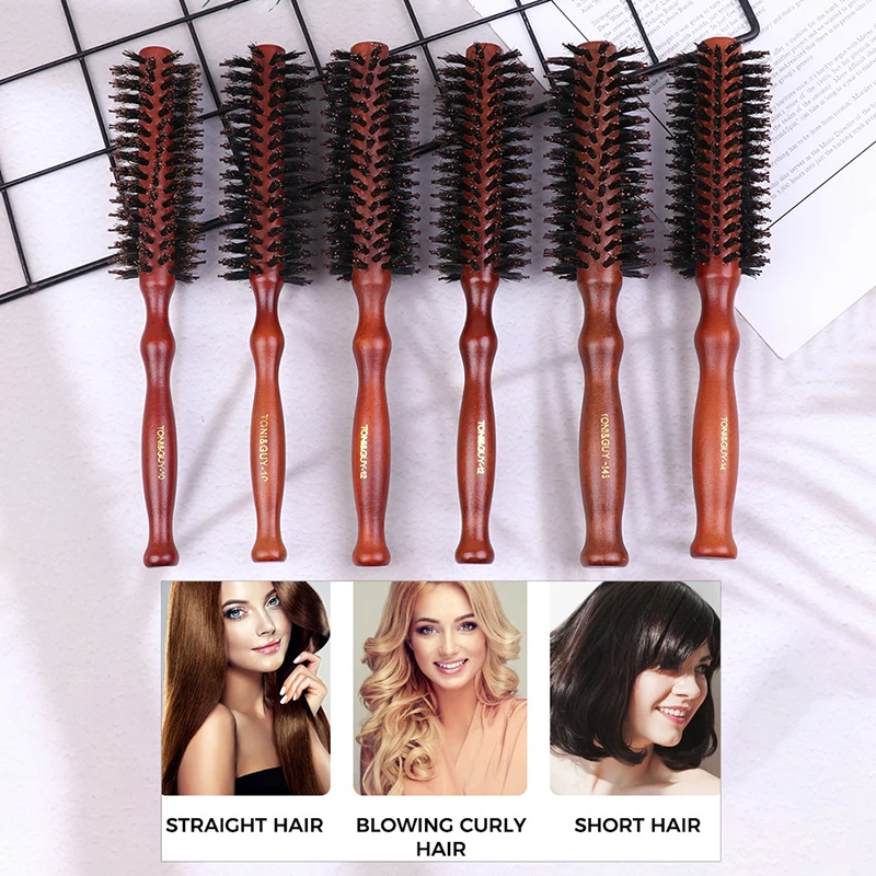 

1Pc Straight Twill Hair Comb Natural Boar Bristle Rolling Brush Round Barrel Blowing Curling Hairdressing Tools