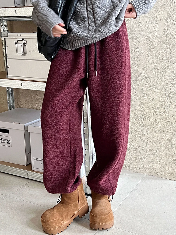 [LANMREM] Elastic High Waist Wool Pants For Women Drawstring Design Wide Leg Trousers Warm Clothes 2024 Winter New 26C1211