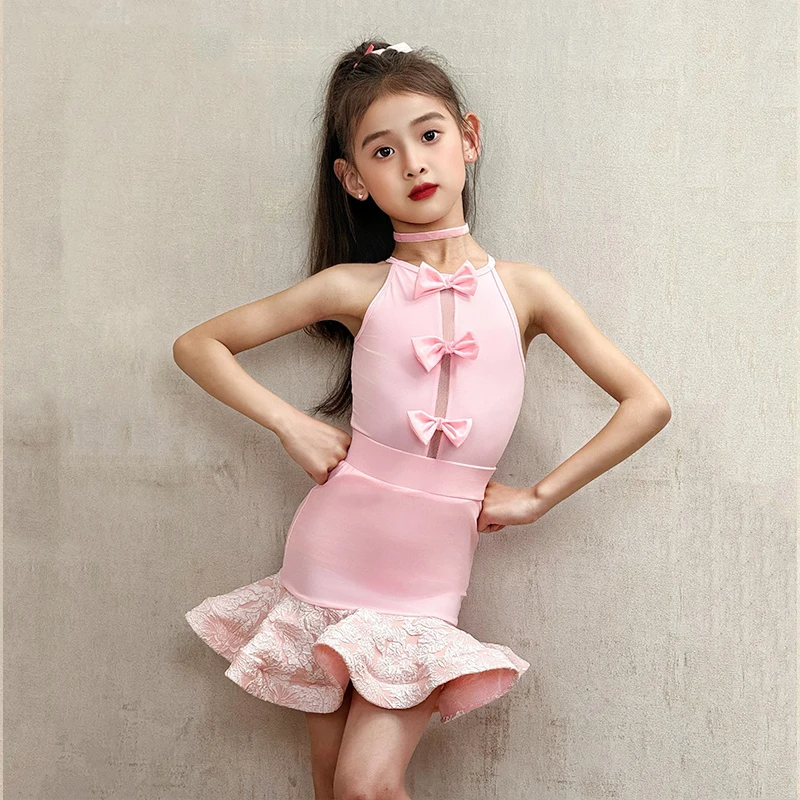 

2025 New Pink Latin Dance Professional Dress Girls Ballroom Dance Competition Costume Child Performance Dance Clothes SL12769