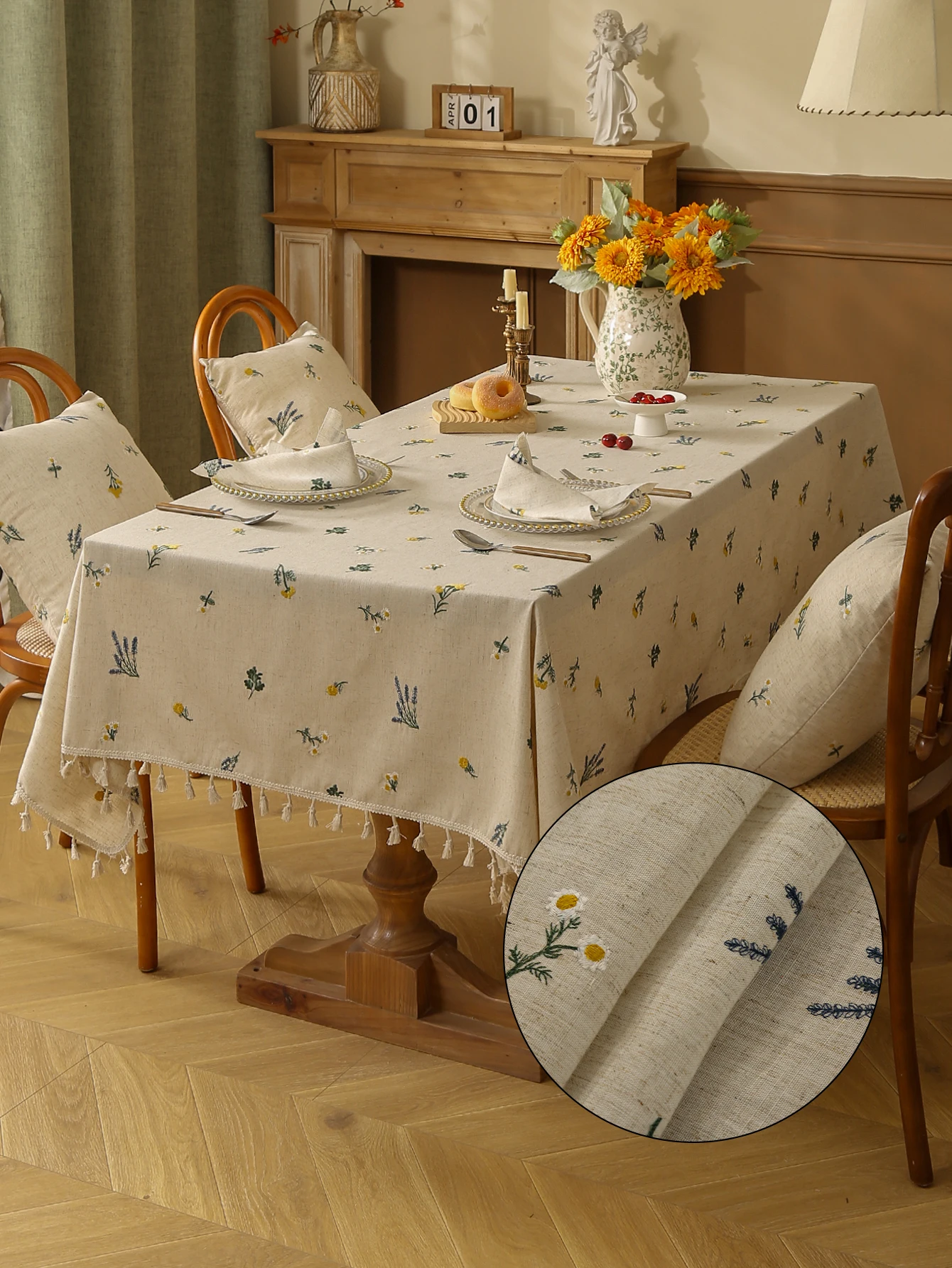Linen Tablecloth Rectangle,Flower Textured Fall Lightweight ,Stain Resistant Burlap ,Used For Kitchen