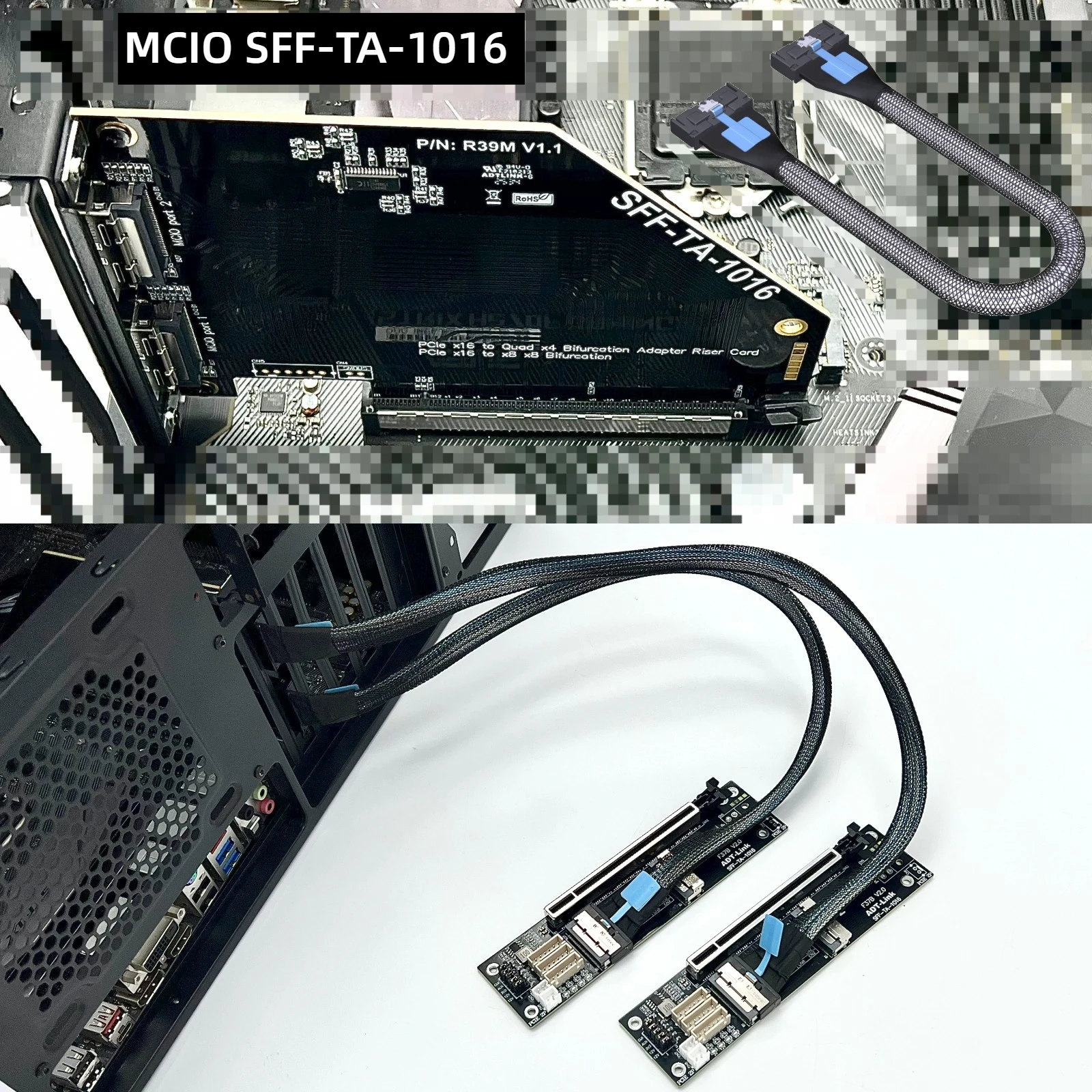 

R39M PCI E 3.0 x16 to MCIO Split Bifurcation Card One-to-Two External Chassis MCIO SFF-TA-1016 PCI-E X16 to X8 X8 Expansion Card