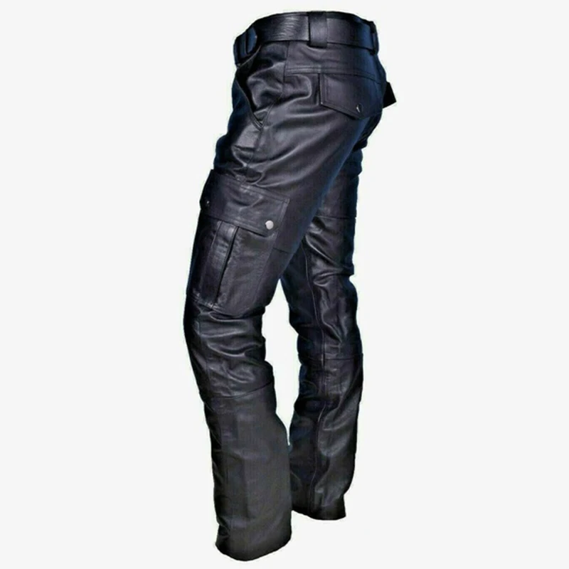 Men Trousers Black Leather Motorcycle Pants Cargo Pockets Vintage Steampunk Clothing Men Clothing for Men Party Punk Style 2022