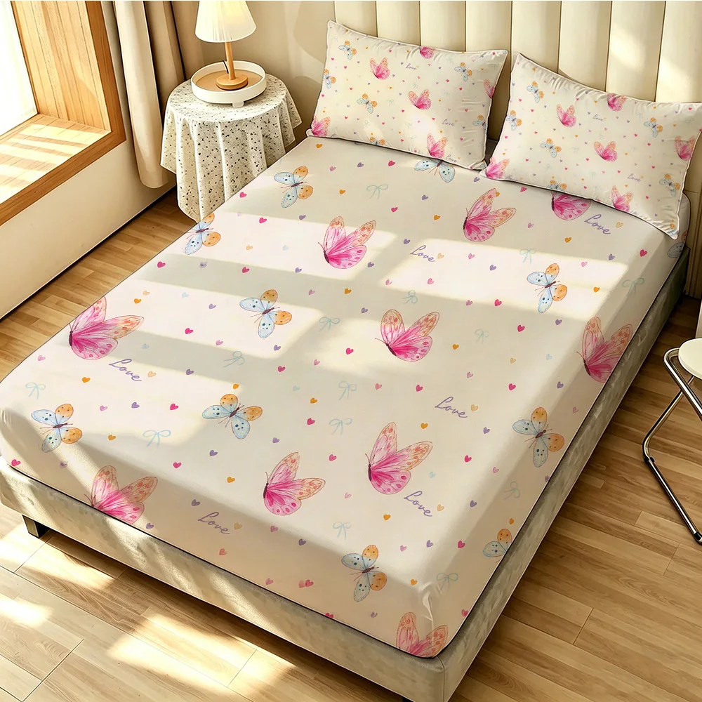 3pcs Pink Butterfly Print Coreless Bed Sheet Set, Multiple Sizes, Soft Bed Covers Bedroom Bedding Gifts Accessories Decorations