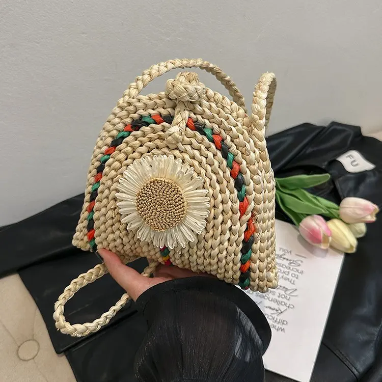 

Women's Bag Summer Beach Straw Bags Classic Texture Sunflower Drawstring Woven Bucket Crossbody Shoulder Messenger Backpacks