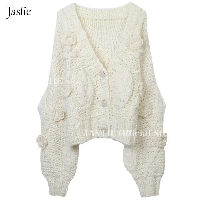 

Jastie Women's Sweater 2023 Autumn Winter New Beige Hand-crocheted Sweaters Sweet Loose Bat Sleeve V-neck Cardigan Jumpers