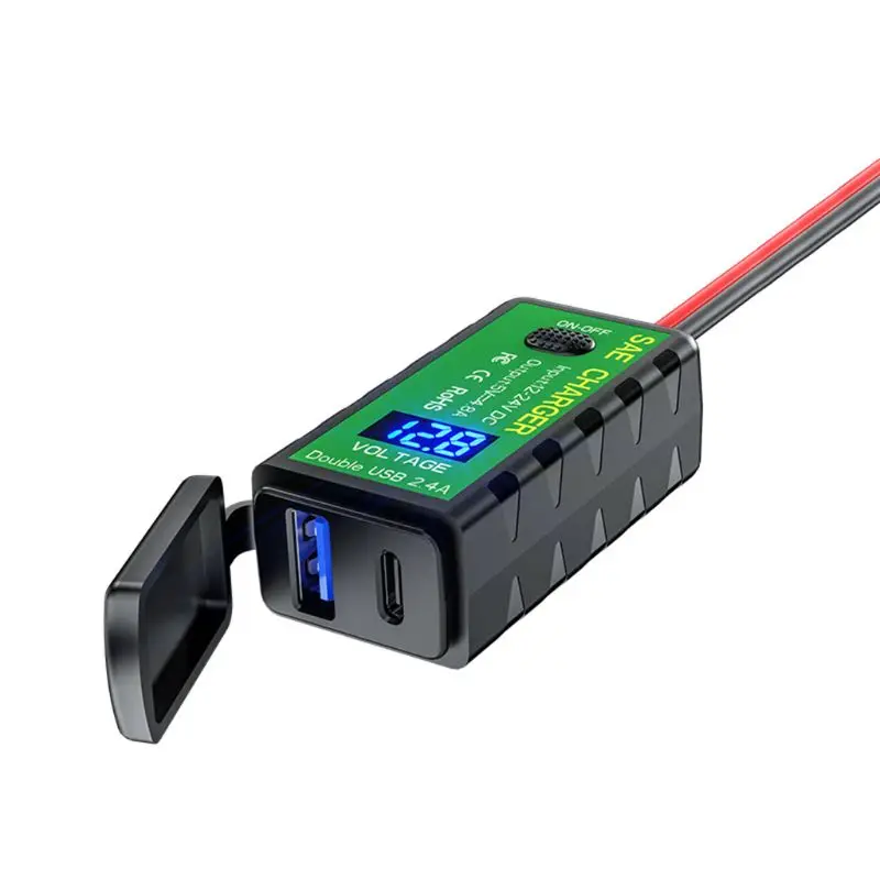 12V 24V Motorcycle QC3.0 PD Type C Charger SAE to USB Adapter with Voltmeter & ON/Off Switch for Smart Phone Tablet GPS