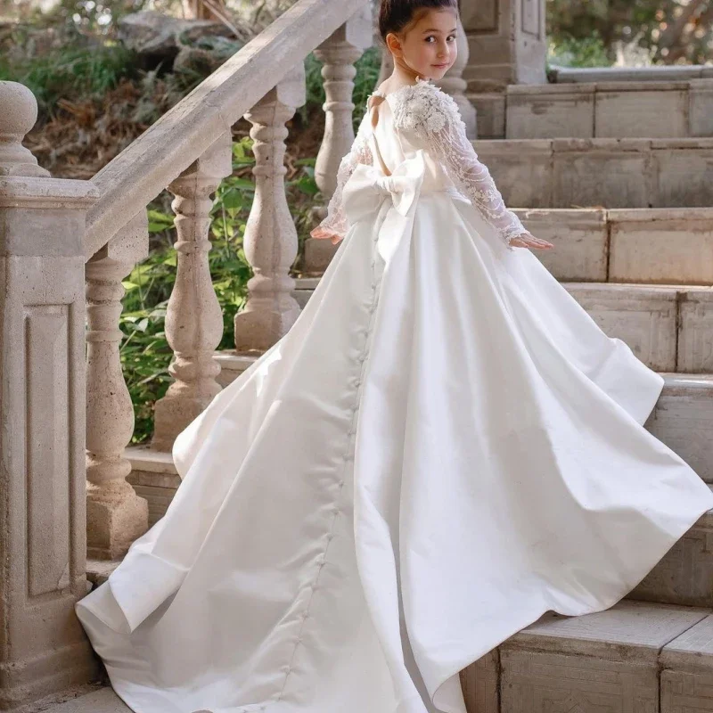 Vestidos de niña de flores personalizados, fiesta de noche de boda, vestido blanco de princesa de lujo para niños, vestidos de encaje de ilusión de manga larga con lazo