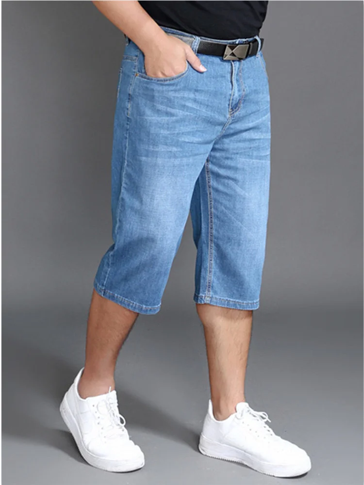 Szorty na lato spodnie do łydki Plus rozmiar 48 42 męskie dżinsowe elastyczne cienkie dżinsy Oversized Classic Straight Streetwear