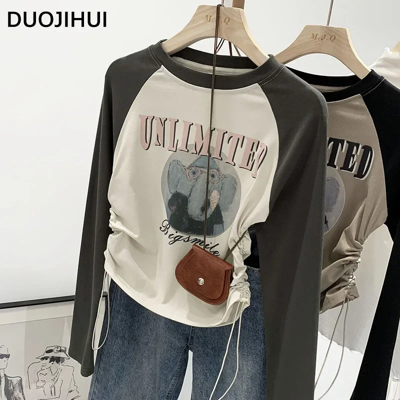 DUOJIHUI Korean Spell Color Chic Printed Slim Waist Female T-shirts Autumn New Simple Casual Long Sleeves Fashion Women T-shirts