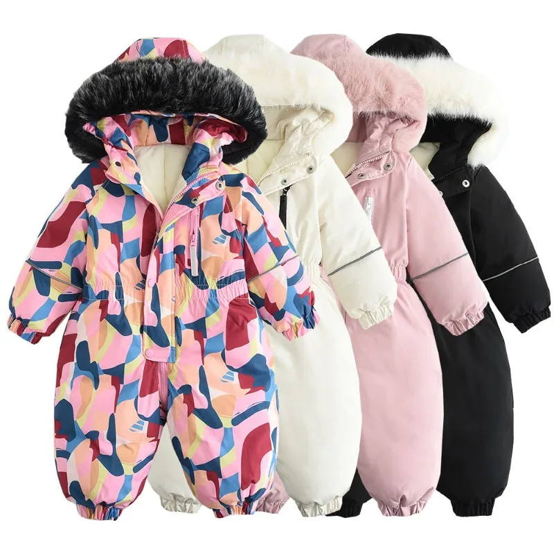 Winter Baby Ski Suit Hooded Fleece Thickened Rompers 2025 Warm Children Sports Outfits Boys Girls Zipper Windbreaker 1-4years