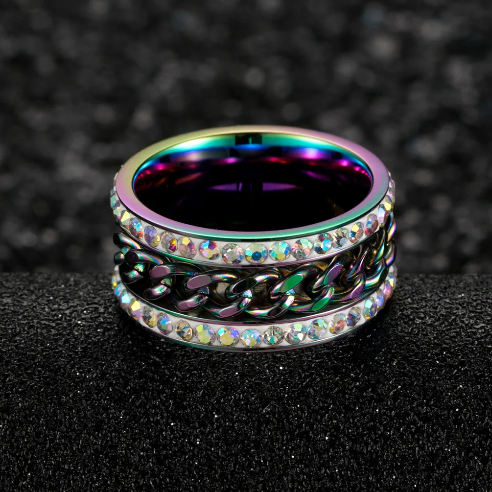 Rotatable Colorful Stainless Steel Ring Women‘s Men\'s Fashion Jewelry with Chain Inlay Comfort Fit