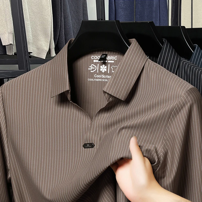 

Classic vertical stripe men long sleeve polo shirt high-end brand spring autumn best-selling casual personality V-neck T-shirt