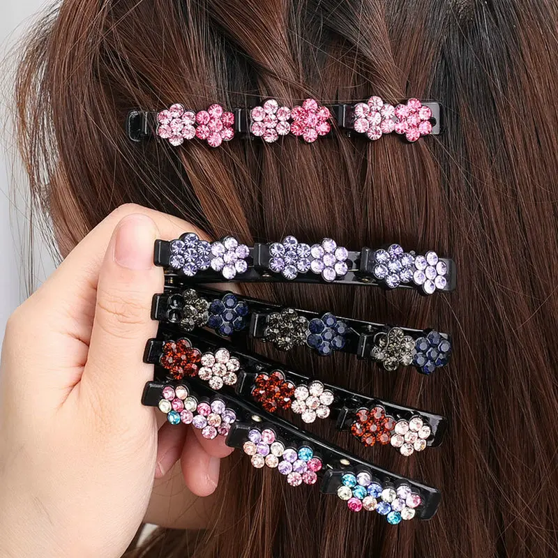 Double Layer Rhinestone Flower Side Clip Headdress Hairpin Women Forehead Bangs Shape Hair Weaving Hair Clip Hair Accessories