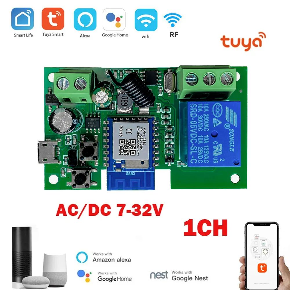 Tuya Smart Wifi Motor Switch Module 1CH AC/DC USB 5V 12V 32V RF433 Radio Remote Control Inching Relay for Alexa Google